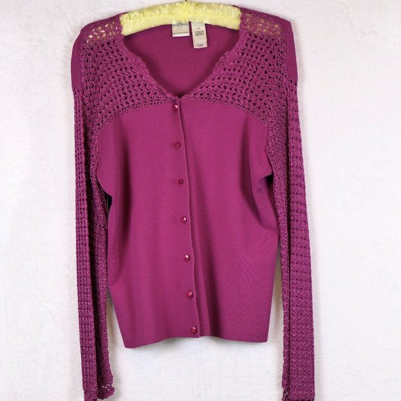 Emma James Women's Size M Crochet Knit Fuchsia Long Sleeve Cardigan - Picture 1 of 7